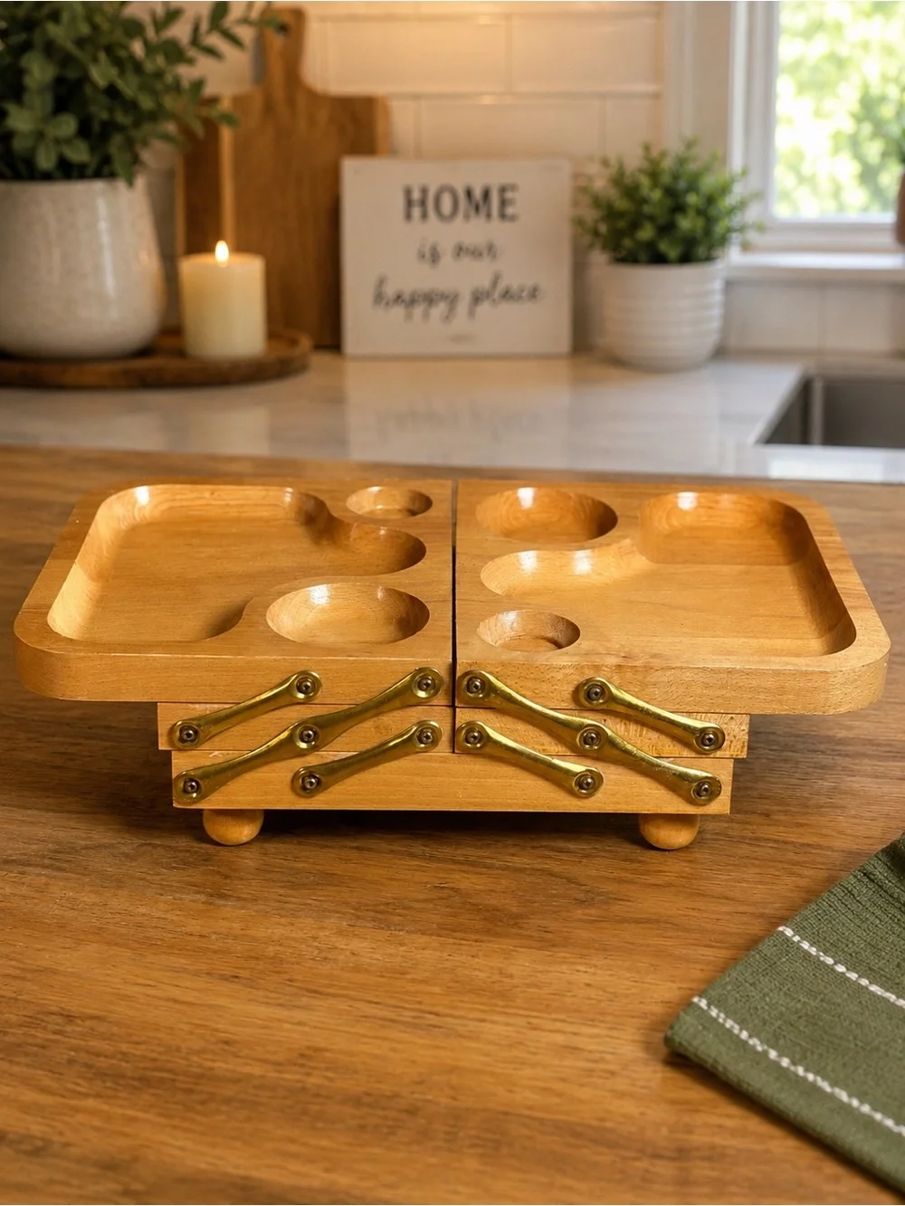 Vintage Expandable Wooden Relish Tray Mid-Century Snack Server Folding Tray